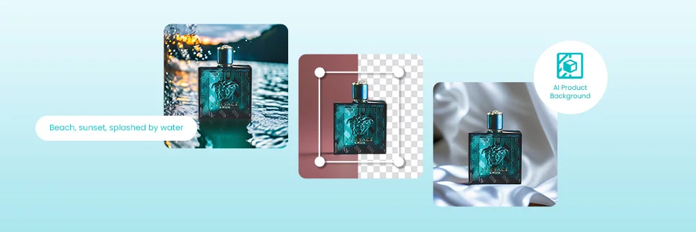 a perfume product photo remove background and add AI background with Promeo